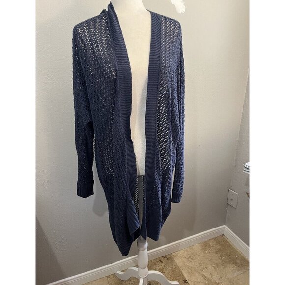 Daisy Fuentes Open Knit Long Cardigan  Size XL Blue Flowy Beachy - Picture 2 of 12